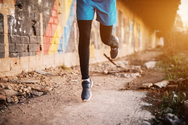 Legs Motivated Man Running Abandoned Hangar Place — Stock Photo, Image