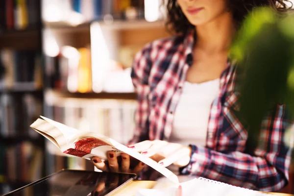 Hardworking Female Student Reading Book Library — Stock Photo, Image