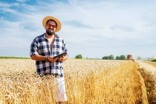 cheerful farmer with tablet pc standing at wheat field
