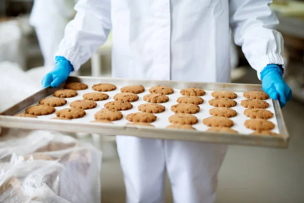 たてを保持している女性労働者は 食品生産工場でブリキのクッキーを焼きました — ストック写真