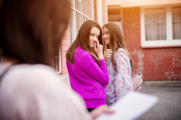 high school girls having gossip conversation about third one