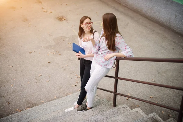 Two Smiling Pretty High School Girls Talking Stairs — Stock Photo, Image