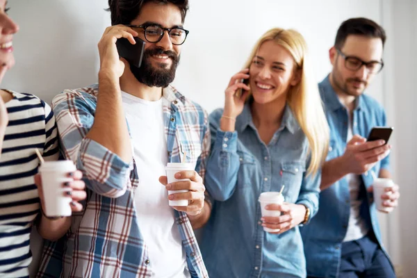 Group Young Happy Coworkers Having Fun Break While Drinking Coffee — Stock Photo, Image