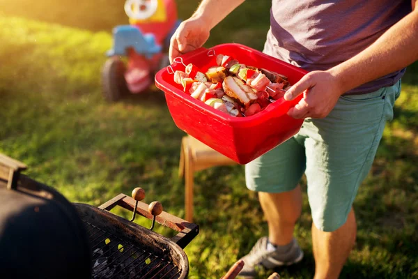 Verschiedene Fleisch Und Gemüsesorten Werden Einem Roten Plastikkorb Bereit Zum — Stockfoto