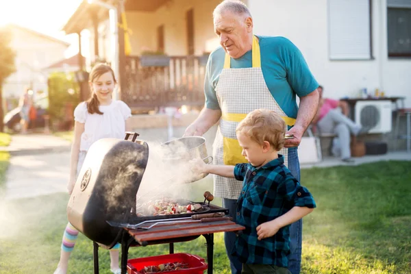 Grootvader Zorgvuldig Onderwijzen Schattige Jongen Grillen — Stockfoto