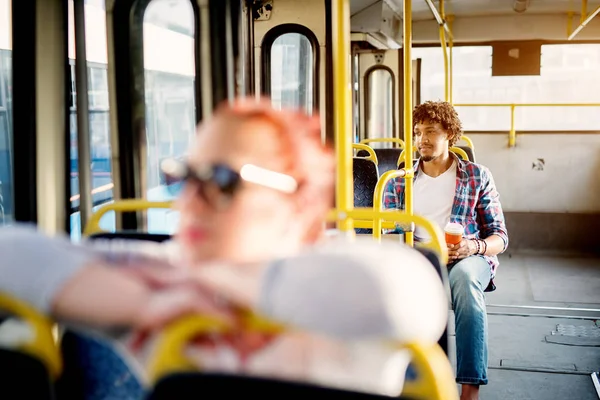 Young Handsome Man Beautiful Woman Sitting Bus — Stock Photo, Image