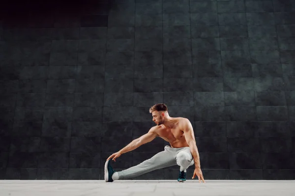 Atractivo Hombre Barbudo Caucásico Muscular Chándal Camiseta Agachándose Mirando Hacia — Foto de Stock