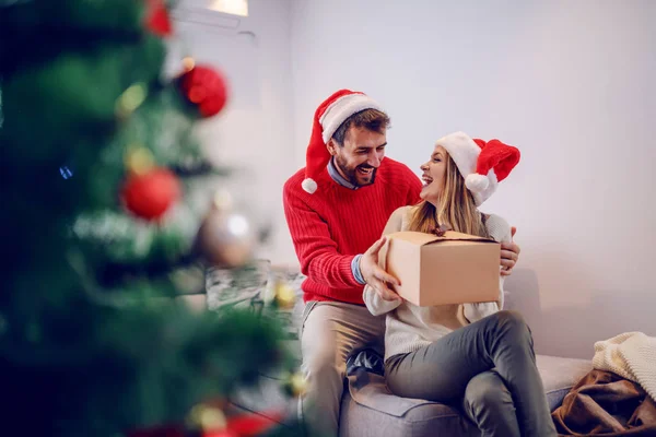 Amazed Cute Caucasian Blonde Woman Sitting Sofa Living Room Receiving — Stock Photo, Image