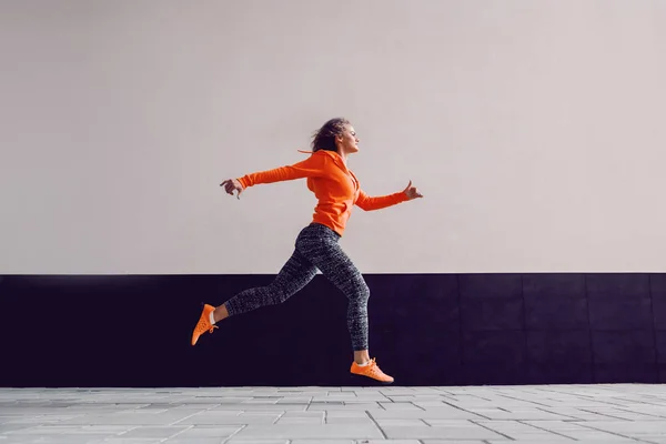 Beautiful Slim Attractive Caucasian Woman Sports Clothing Curly Hair Running — Stock Photo, Image