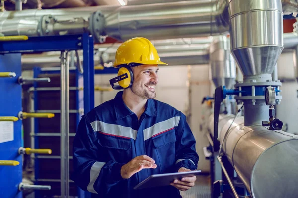 Dedicated Smiling Factory Worker Standing Next Boiler Holding Tablet Worker — Stock Photo, Image