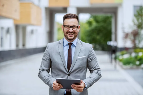 Attractive Smiling Caucasian Elegant Businessman Suit Eyeglasses Standing Outdoors Holding Stock Picture