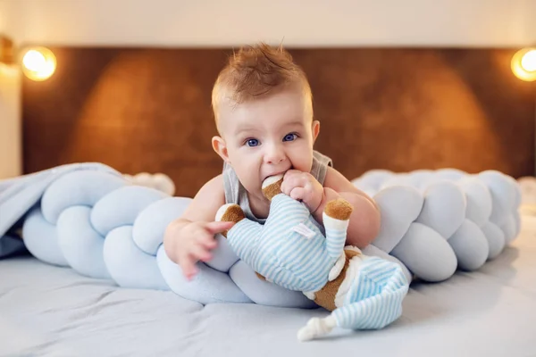 かわいいぽっちゃり白人の小さな赤ちゃんの男の子は ベッドルームでベッドの上に胃の上に横たわっているとテディベアを噛む 最初の歯はほとんどそこにあります — ストック写真