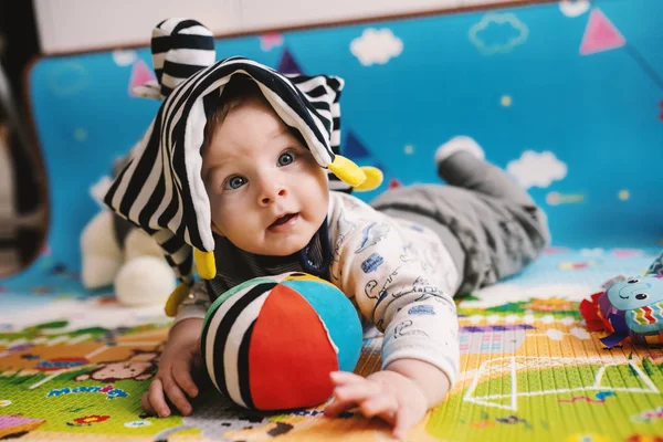 Adorable Curious Caucasian Baby Boy Big Beautiful Blue Eyes Lying — Stock Photo, Image