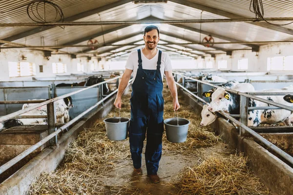 Rear View Handsome Caucasian Farmer Overall Holding Buckets Hands Animal — Stock Photo, Image