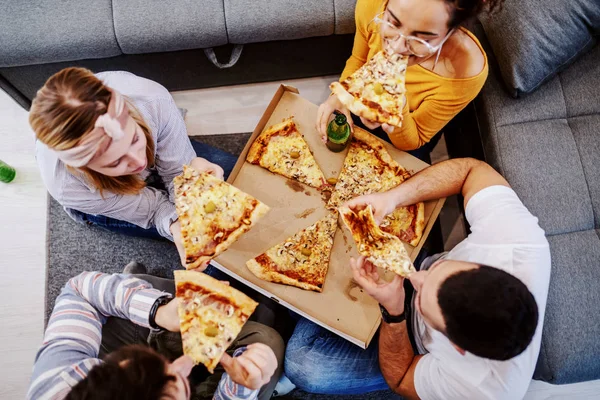 リビングルームの床に座っている友人のグループのトップビュー ビールを飲み ピザを食べる ハウスパーティー — ストック写真