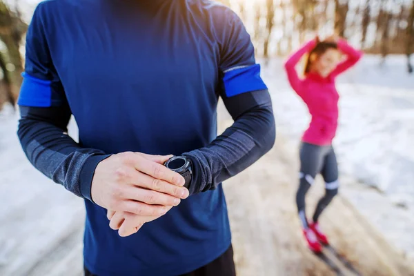 Fit Sporty Caucasian Man Sportswear Checking Out Smart Watch Heart — Stock Photo, Image