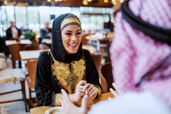 Attractive Positive Smiling Arab Woman Sitting Cafe Her Beloved Husband — Stock Photo, Image