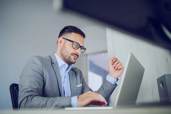 Hardworking Classy Handsome Businessman Suit Eyeglasses Sitting His Office Using — Stockfoto