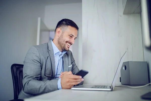 Positive Caucasian Elegant Businessman Suit Holding One Hand Smart Phone — Stok fotoğraf