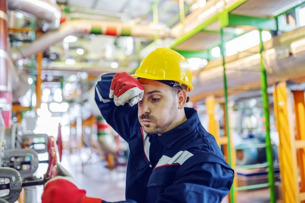 Fleißige Gutaussehende Kaukasische Fabrikarbeiter Schutzanzug Und Mit Helm Auf Dem — Stockfoto