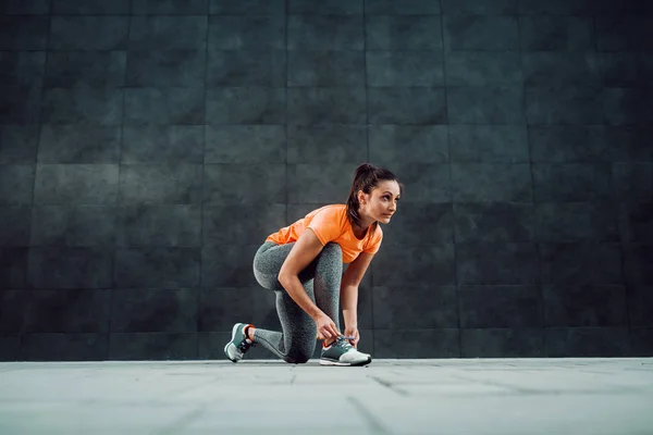 Spor Giyimli Beyaz Çekici Esmer Koşmadan Önce Diz Çöküp Bağcıklarını — Stok fotoğraf