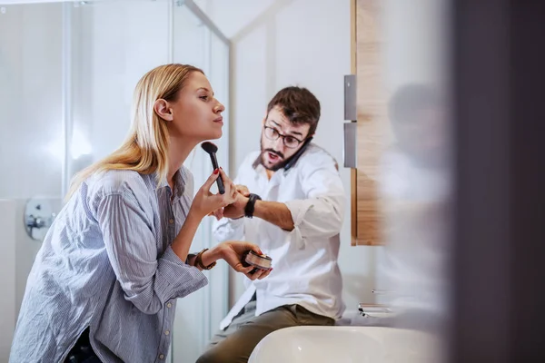 Handsome Caucasian Couple Standing Bathroom Preparing Work Man Talking Smart — 스톡 사진