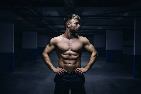 Young Handsome Shirtless Caucasian Muscular Sportsman Standing Hands Hips Garage — Stock Photo, Image