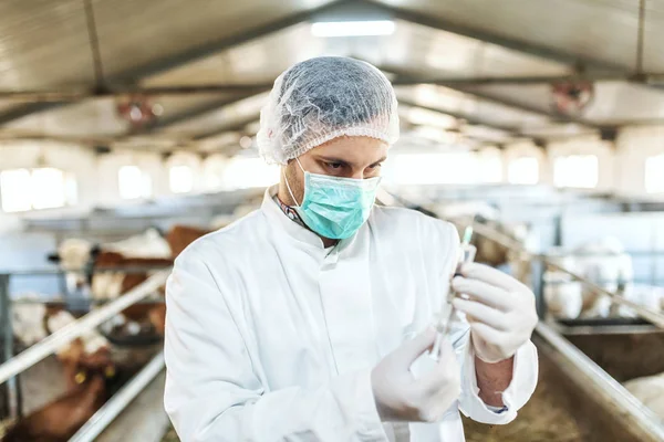Veterinario Caucásico Uniforme Protector Pie Preparándose Para Dar Una Inyección — Foto de Stock