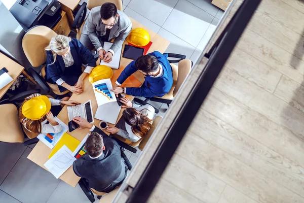 Top View Six Hardworking Dedicated Architects Sitting Boardroom Having Meeting — 스톡 사진