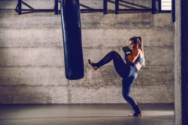 Ung Passform Attraktiv Muskulös Kaukasisk Kvinnlig Kickboxare Sportkläder Med Boxningshandskar — Stockfoto