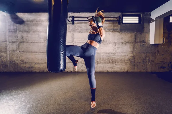 Young Fit Attractive Muscular Caucasian Female Kick Boxer Sportswear Boxing — Stock Photo, Image