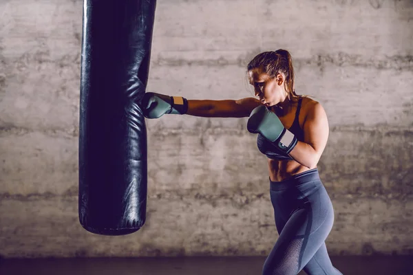 Full Length Young Dedicated Caucasian Muscular Female Boxer Sportswear Ponytail — Stock Photo, Image