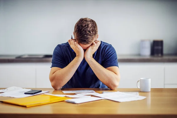 Desperate Man Leaning Table Holding Head Hands Because Have Money — 스톡 사진