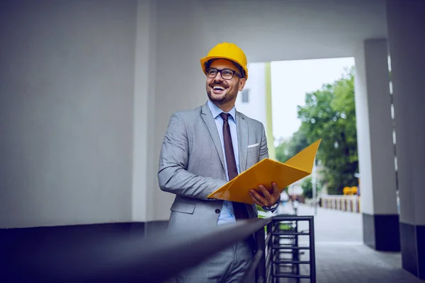 Successful Construction Site Manager Standing Outdoor Holding Yellow Folder Grey — 스톡 사진