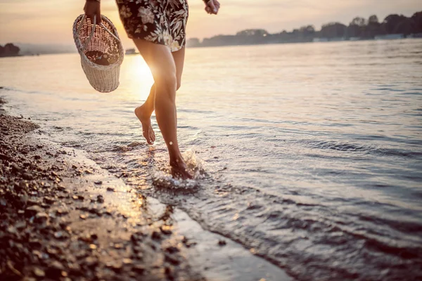 剪下的女性腿在水里行走的图片 手里拿着野餐篮的女人 背景是太阳 — 图库照片