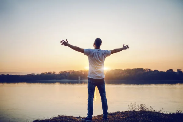 Rear View Handsome Caucasian Man Standing Opened Arms Cliff Looking — 스톡 사진