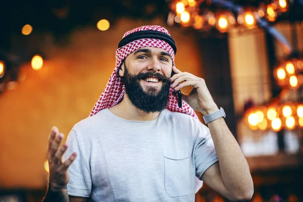 Attractive Smiling Tattooed Bearded Trendy Muslim Guy Sitting Cafe Morning — Stock Photo, Image