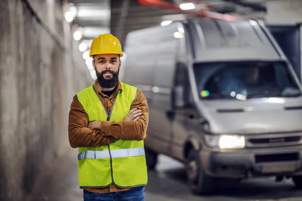 Young Handsome Bearded Smiling Supervisor Vest Safety Helmet Head Standing — 스톡 사진