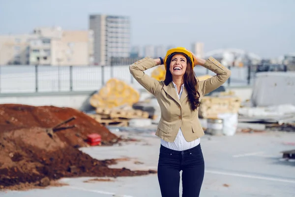 Three Quarter Length Happy Caucasian Female Architect Beige Jacket Protective — Stock Photo, Image