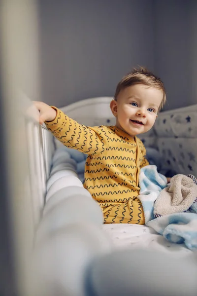 Cute Cheerful Little Baby Boy Sitting His Crib Morning Happy — Stock Photo, Image