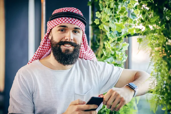 Young Handsome Trendy Muscular Bearded Arab Guy Standing Next Window — Stock Photo, Image