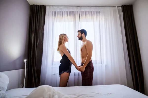 Young Handsome Passionate Couple Love Standing Next Window Bedroom Holding — Stock Photo, Image