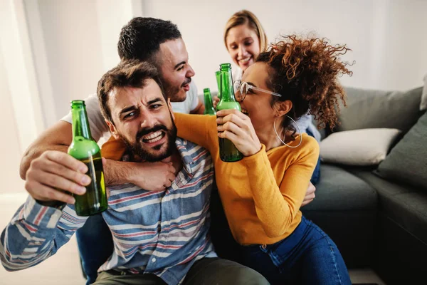 Group Cheerful Friends Sitting Home Watching Football Game Television Favorite — ストック写真