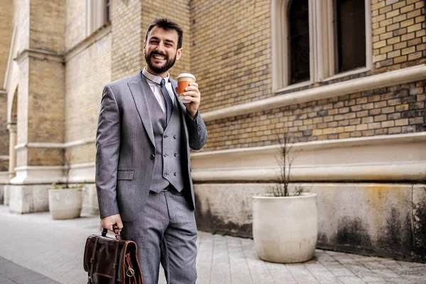 Young Attractive Bearded Businessman Holding Disposable Cup Coffee Going Work — Stock Photo, Image