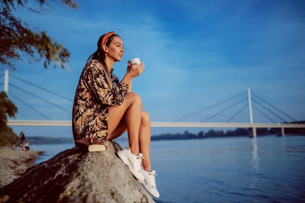 Boční Pohled Okouzlující Brunetku Květinových Šatech Čelenkou Sedící Skále Břehu — Stock fotografie