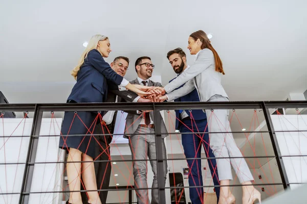 Group Dedicated Colleagues Standing Work Place Stacking Hands Teamwork Concept — Stock Photo, Image