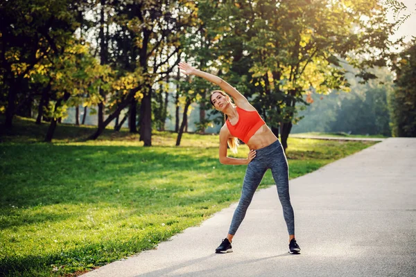Full Length Attractive Slim Sportswoman Standing Path Park Doing Warm — Stockfoto