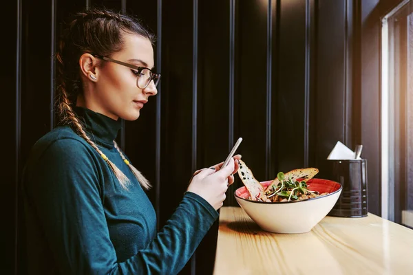 Side View Attractive Woman Pigtails Sitting Restaurant Next Window Taking — Stockfoto