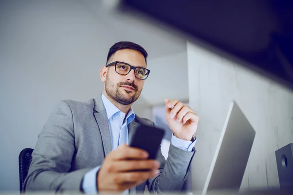 Handsome Caucasian Classy Businessman Suit Eyeglasses Sitting His Office Using — Stock Photo, Image