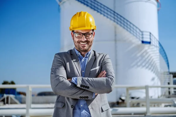 Young Proud Smiling Successful Businessman Suit Helmet Head Standing Arms — Stock Photo, Image